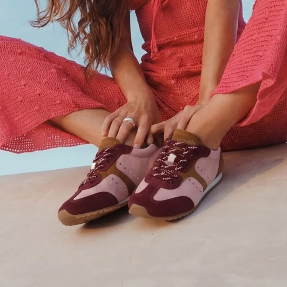 Larroude Stella Suede Sneakers in Tulip Pink Wine Silver Size 7